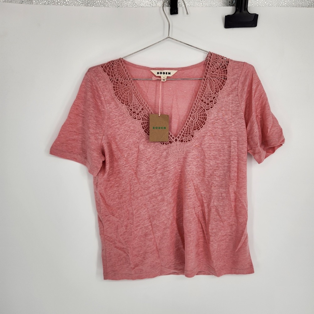 Boden Size Small Pink Tara Lace Trim Linen T-Shir NWT
